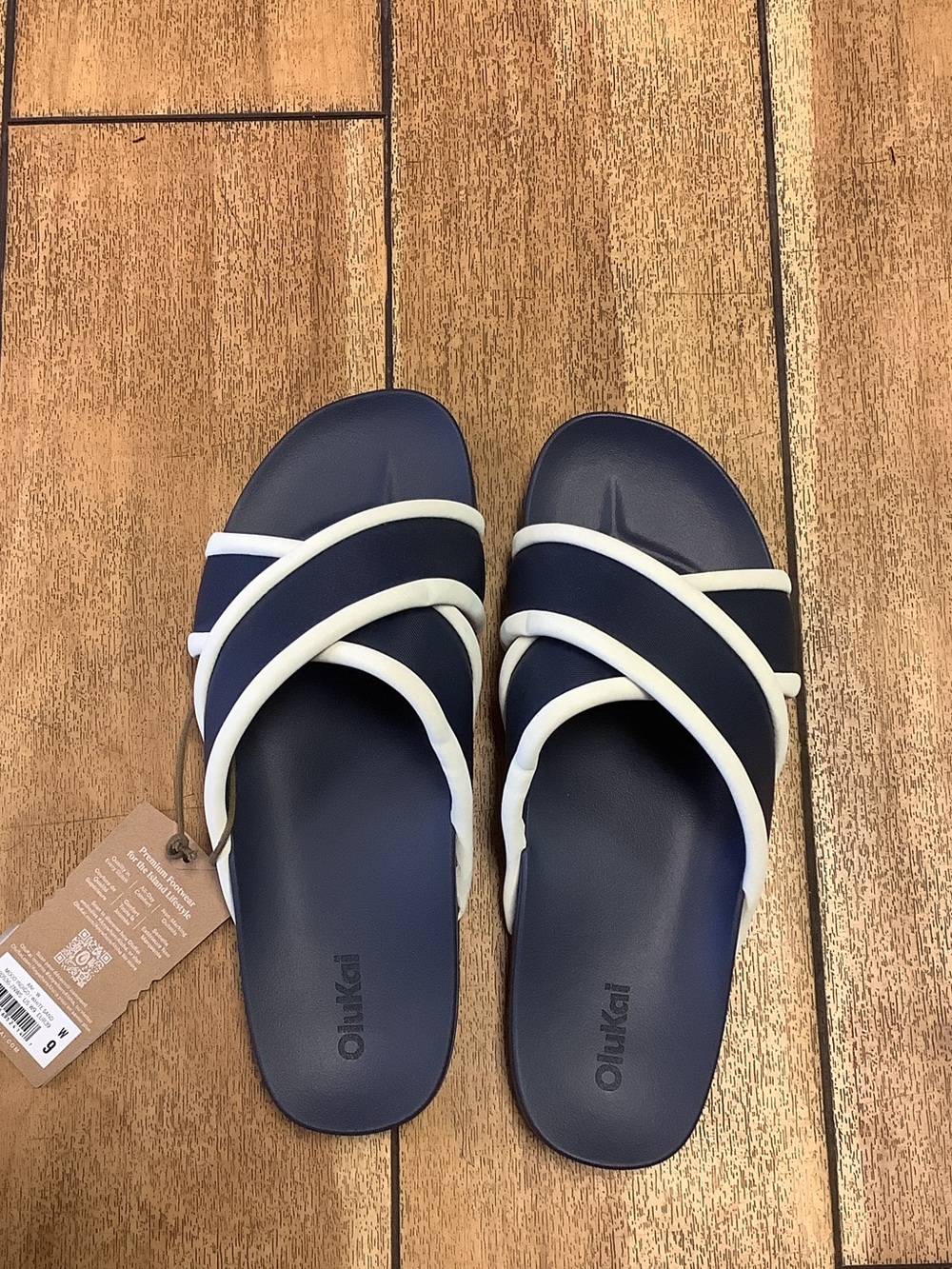 OluKai Navy with White Crisscross Strap Slide Sandals